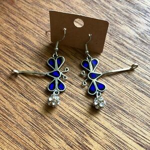 Hand Crafted One of a Kind‎ Blue and Silver Dangle Dragonfly Earrings